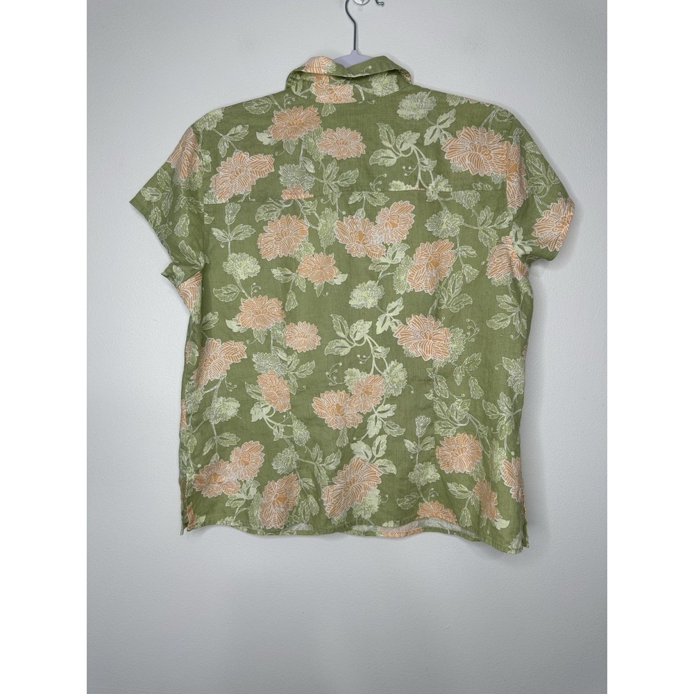 Sigrid Olsen Blue Linen Shirt Size M Green Floral Short Sleeve Button up - Picture 2 of 11